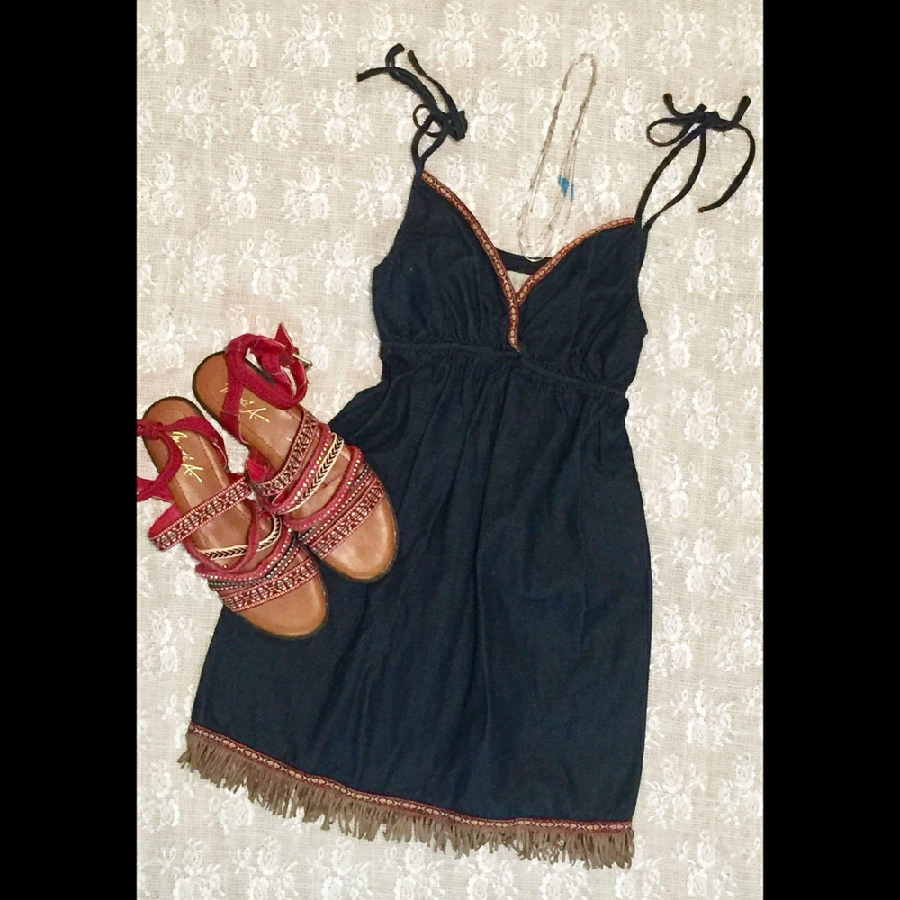 Dollhouse Denim & Faux Suede Fringe Mini Dress XS